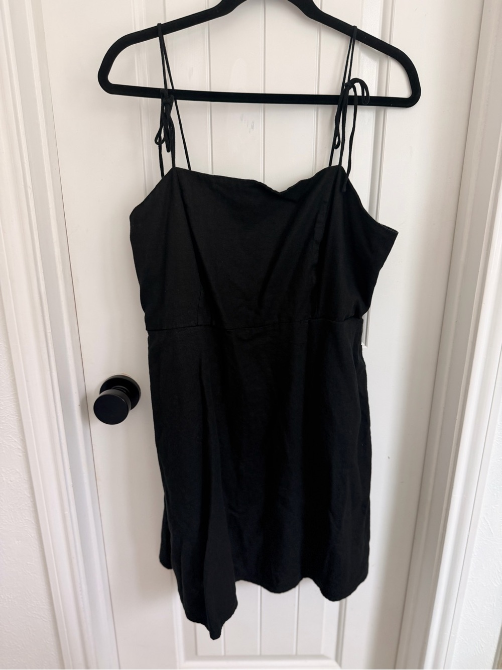 Black Linen Spaghetti Top Dress with Pockets